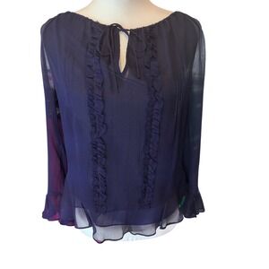 Diane von Furstenberg 100% Silk Ruffle Blouse Navy Blue Bell Sleeve Size 4